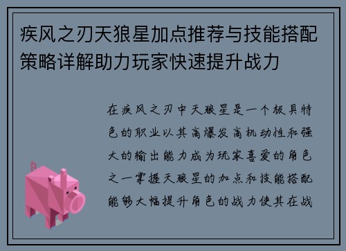 疾风之刃天狼星加点推荐与技能搭配策略详解助力玩家快速提升战力