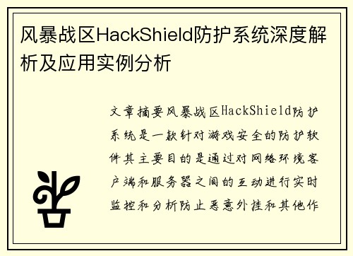 风暴战区HackShield防护系统深度解析及应用实例分析